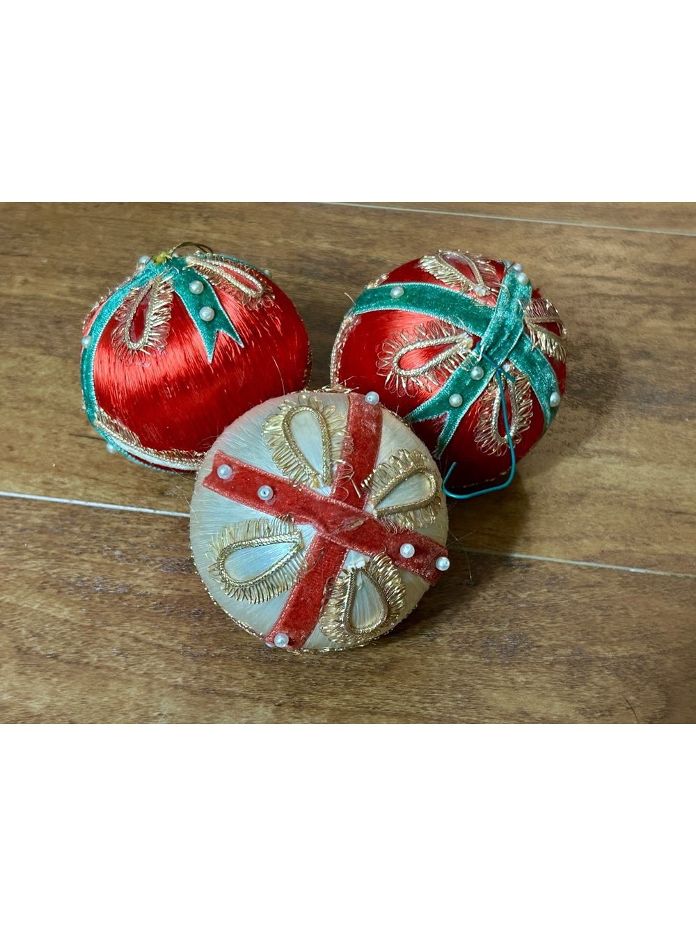 Vintage Handmade Christmas Satin Baubles with Velvet Ribbon and Pearls Set of 3